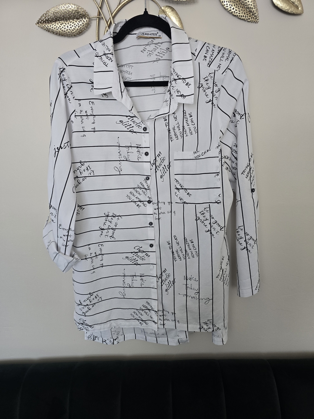 Women's White Script-Stripe Button-Up Blouse Size 44 Eur Printed Cotton